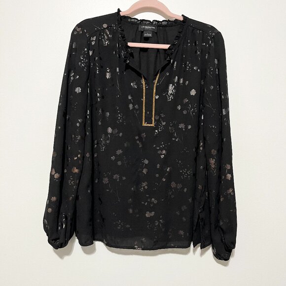Liz Claiborne Womens Ruffle Blouse L Black Dark Floral Romantic Corporate Goth - Picture 1 of 8